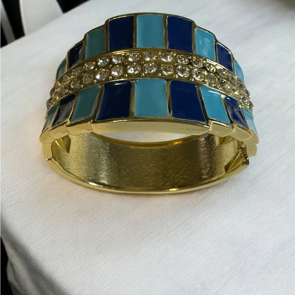 Gold and Blue Enameled Cuff Bracelet with Bling. NEW - Picture 1 of 1